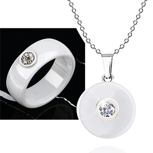 White Set 1,0 карат стразы, ожерелье, кольца, ювелирный набор для женщин, гладкий здоровый керамический ювелирный набор, подвеска, ожерелье, кольцо, свадебный подарок - Окраска металла: White Set