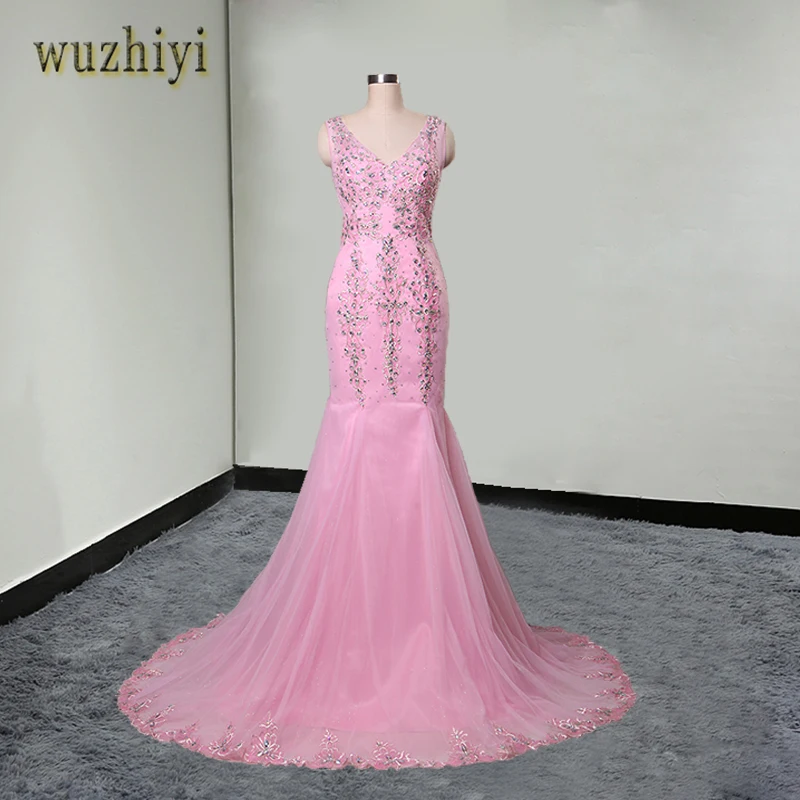 

wuzhiyi vestido de formatura longo em vestidos de baile Pink Mermaid long Prom dresses 2017 Crystal Beads Embroidery Prom gowns