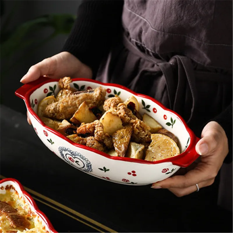 KINGLANG Cherry rectangular baking dish oven home ceramics binaille cheese risotto Italian lasagna |