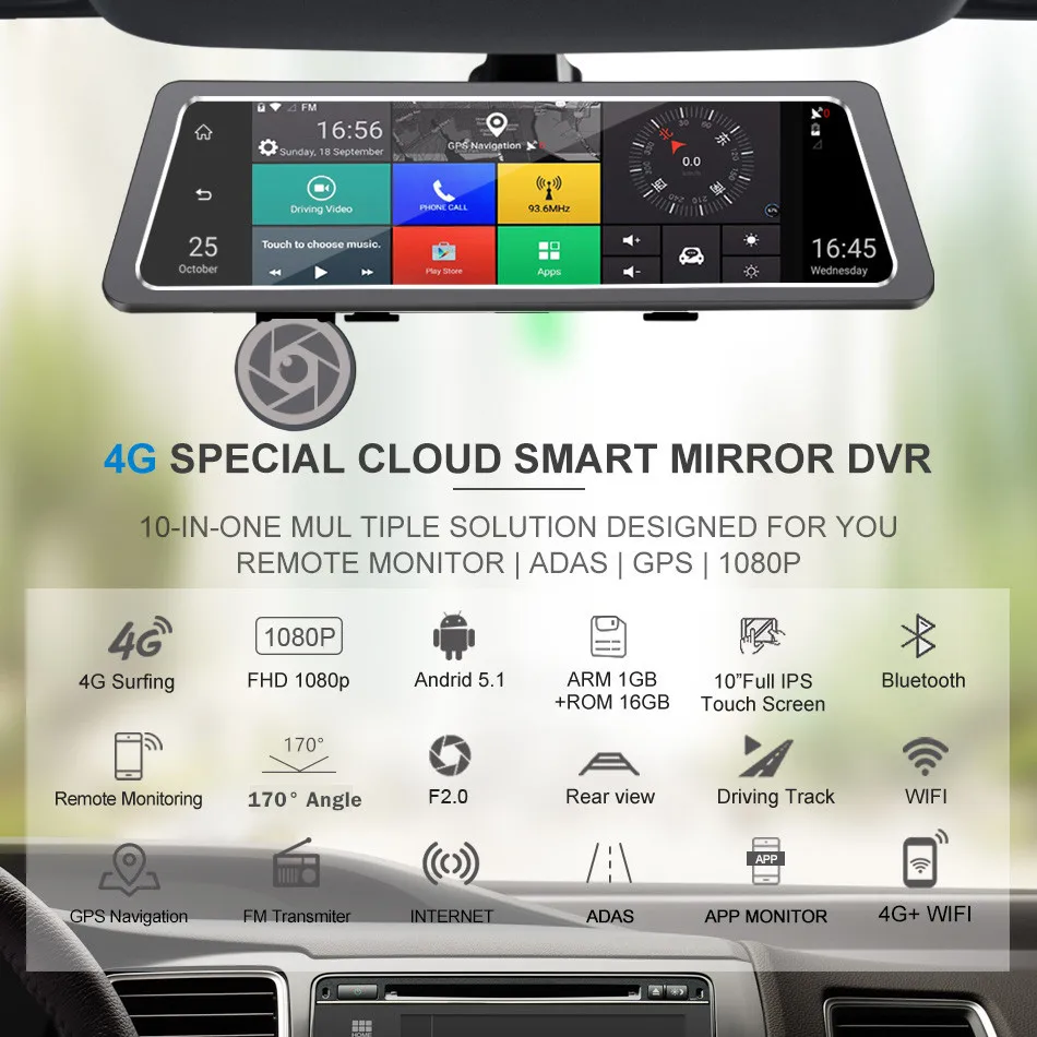 AZGIANT Car DVR видеорегистратор 10 &quotПолный сенсорный экран 4G WiFi Android GPS навигаторы FHD