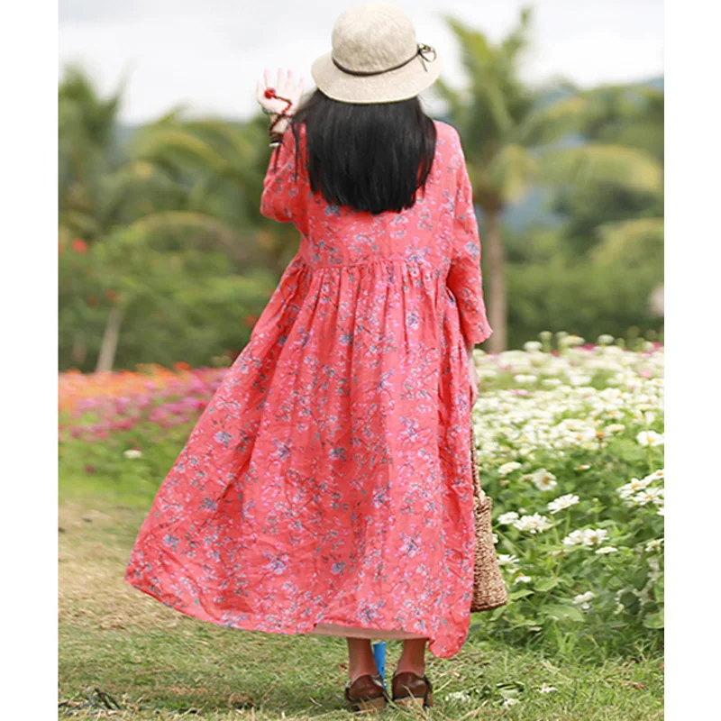 Hisenky 2018 Spring Ramie Three-Quarter Sleeve Dress Women Maxi Dresses Small Flower Shirt Robe Femme Elbise Vestido 1907 | Женская