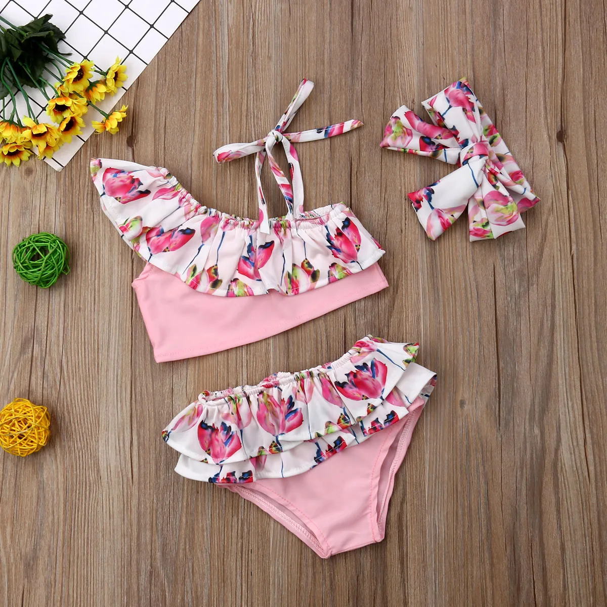 

2019 hot sale One Shoulder Cute 3PCS Kids Baby Girls Flower Ruffle Swimwear Bandage One Piece Swimsuit Summer Beachwear Biquini