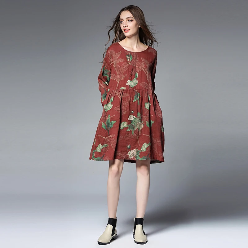 Для женщин Свободные Хлопок Лен Платья для зима 2017 с цветочным принтом Большие