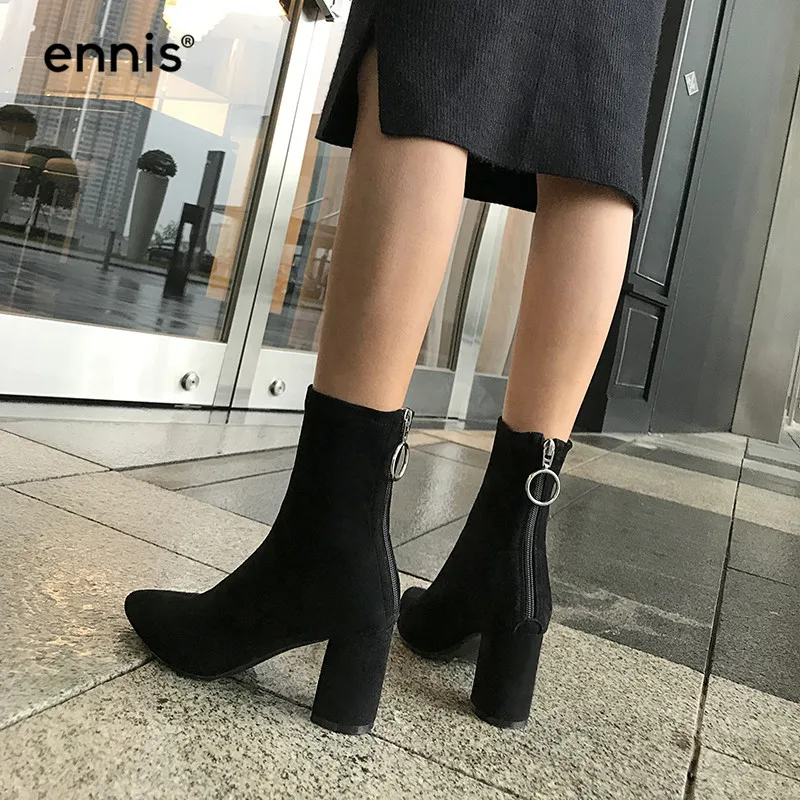 ENNIS/ г., зимние модные ботинки женские ботинки из ткани стрейч ботильоны на высоком каблуке с молнией сзади Осенняя обувь черного и желтого цвета Новинка, A8198