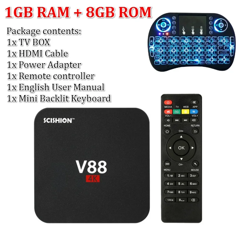 1G Backlit Keyboard SCISHION V88 Android tv Box IP tv ОС Android 9,0 1 ГБ ОЗУ 8 Гб RK3229 четырехъядерный 1080P WiFi HDMI смарт ТВ приставка медиаплеер - Цвет: 1G Backlit Keyboard