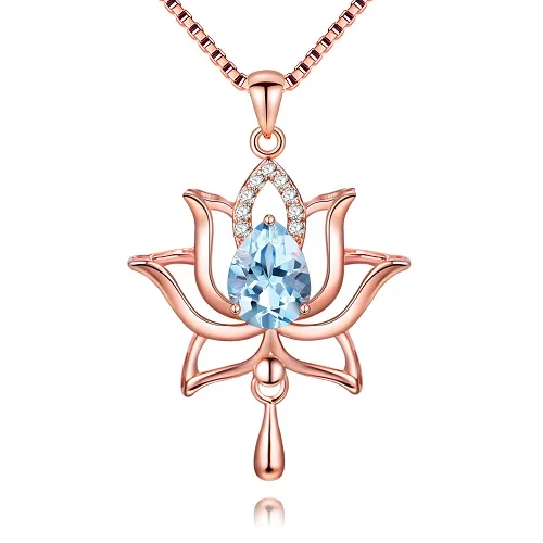 Синий Almei 1.2ct розовое золото цвет светильник в форме цветка лотоса Небесно голубой топаз кулон ожерелье 925 пробы серебряные ювелирные изделия с цепочкой CN054 - Цвет камня: Синий