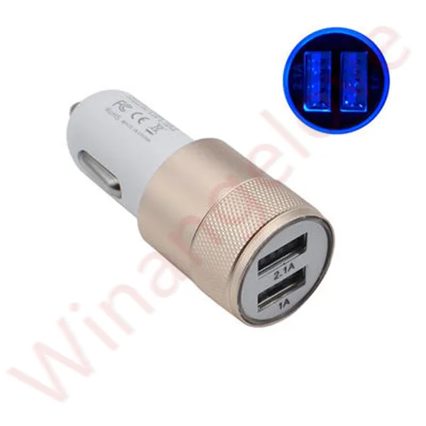 100 шт. алюминия Dual USB Порты и разъёмы автомобильный адаптер Зарядное устройство 2.1a+ 1A автомобиля Зарядное устройство для iPhone X 8 Plus для samsung S6