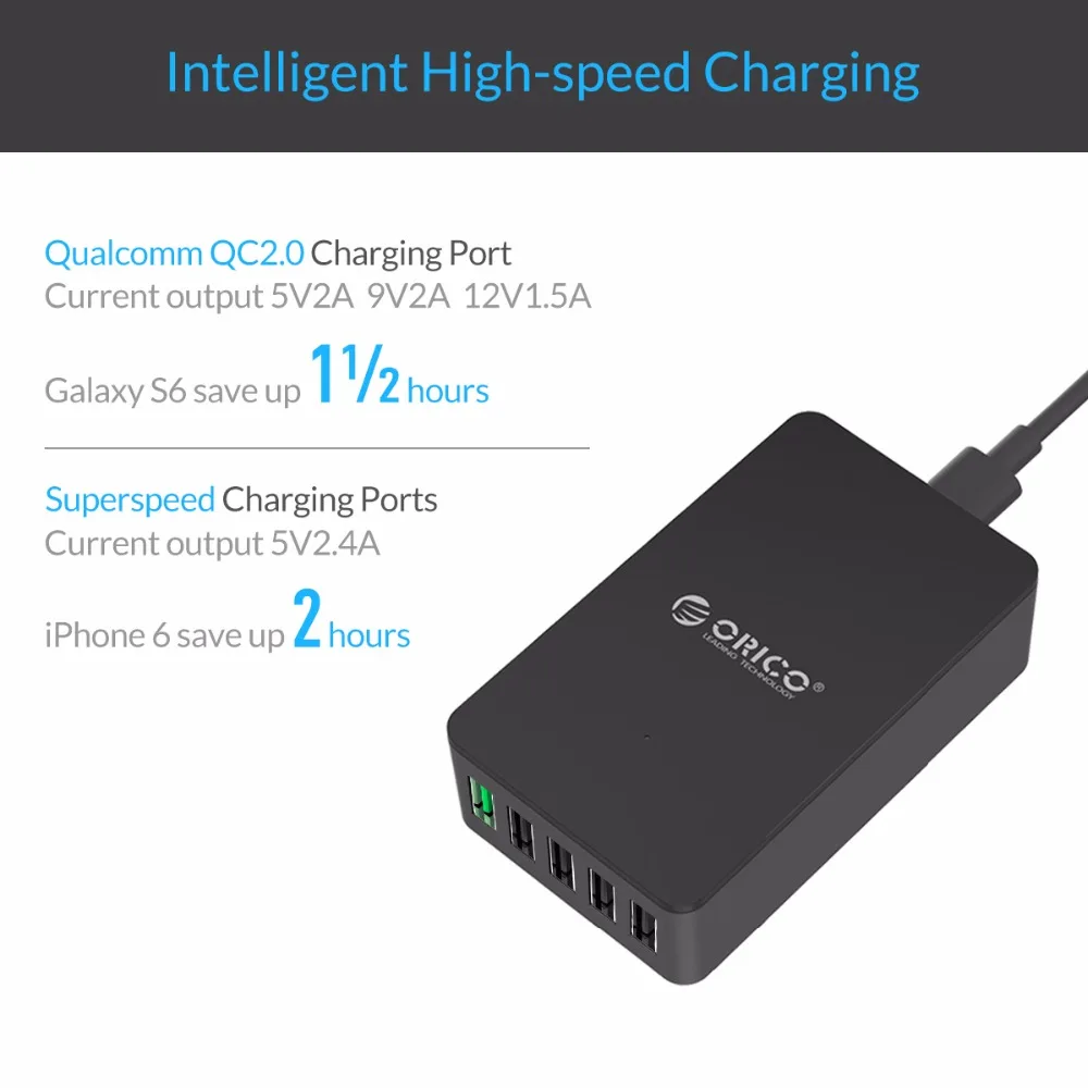 Быстрое зарядное устройство USB ORICO QSE QC2.0 5V2. 4A/9V2A/12V1. 5A 4 5 портов настольное для