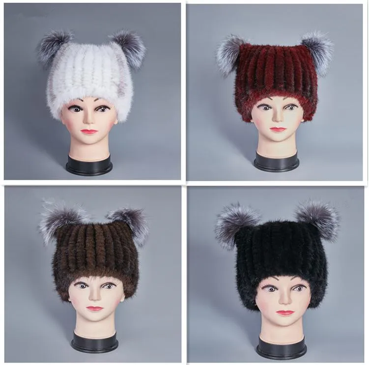 

Real mink fur hat with fur pompom fashion knitted hats cat ears cap winter for women head caps for ladies beanie warm red H53