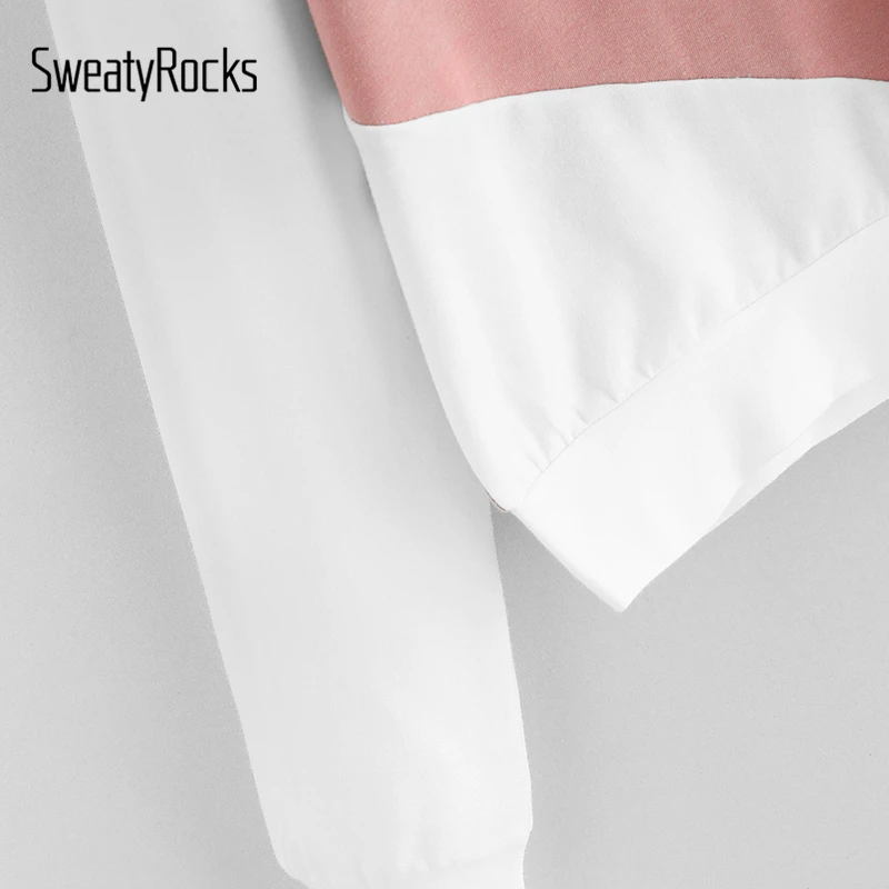 SweatyRocks, розовый двухцветный базовый пуловер с цветными блоками, толстовки с длинным рукавом, женские топы, осень, Повседневная Толстовка