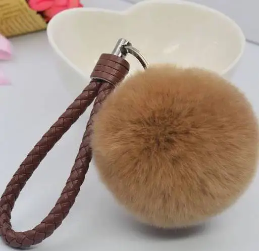 Пушистый помпон из кроличьего меха брелок для ключей кожаный ремешок