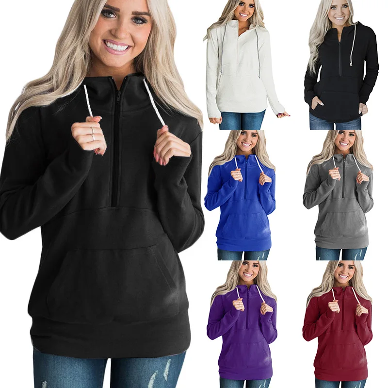 

S-3XL women autumn winter hoodie long sleeve tops blouse pure color zipper pullover tops blouse