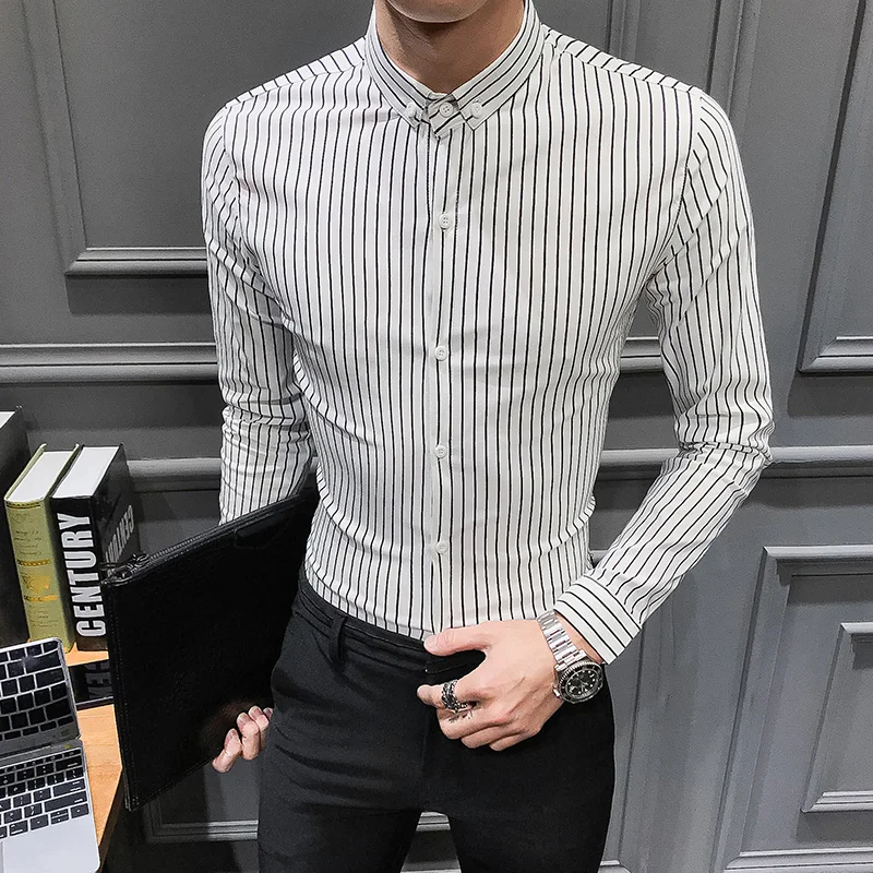 Горячая Распродажа camisa masculina Мода Весна новые мужские рубашки с длинным рукавом slim fit повседневные полосатые рубашки для мужчин качество одежды