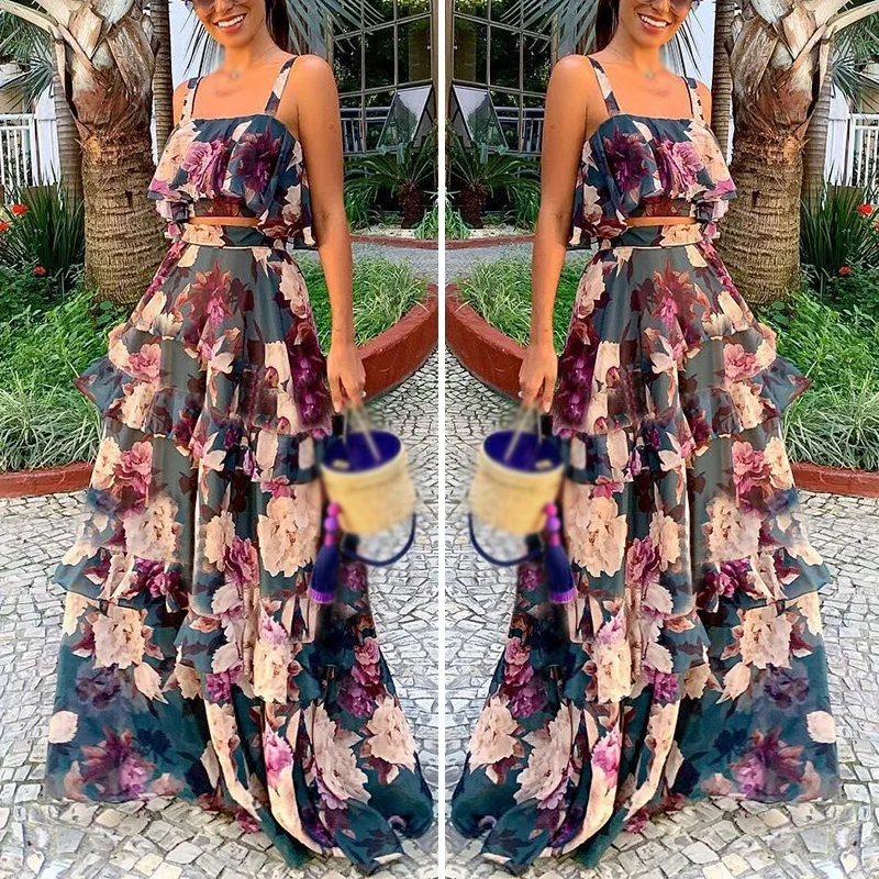 Женское платье официальное богемное на бретельках с принтом коктейльное длинное