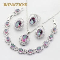 silver color bridal jewelry sets for women multicolor rainbow crystal necklace pendant bracelets earrings rings free gift box