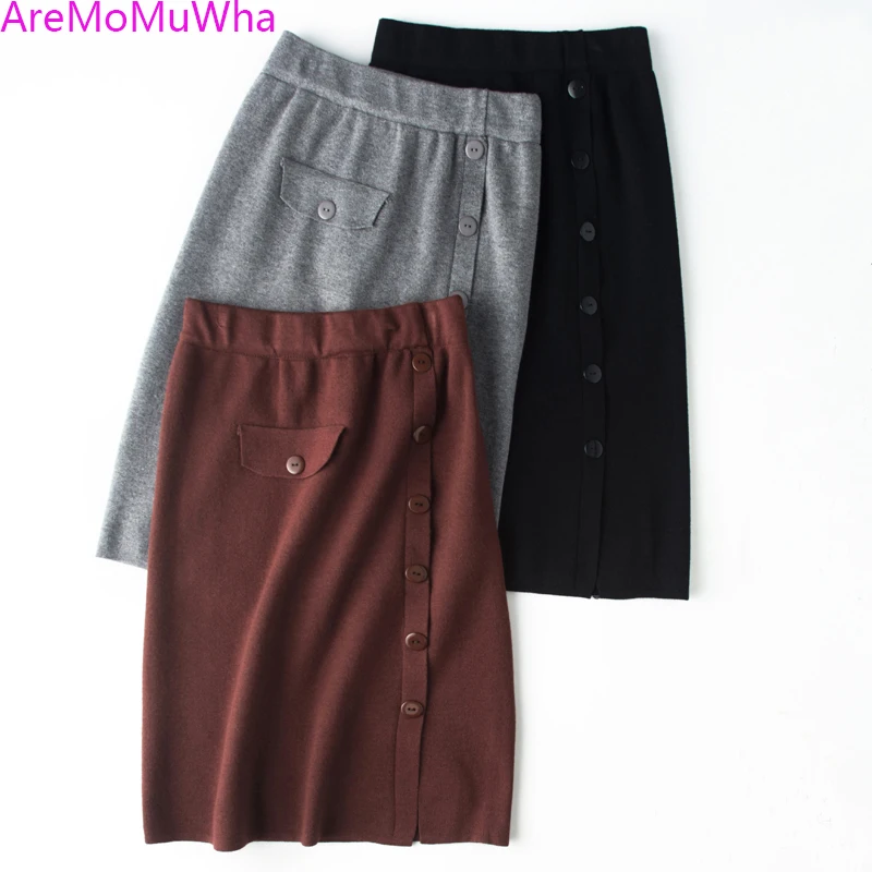 AreMoMuWha New Spring Autumn Vintage Solid Knitting Skirt Women Work Wear High Waist Skirts Elegant All-Match Button Mh092 | Женская