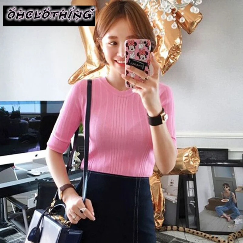 OHCLOTHING Половина рукава Хлопок Crewneck свитер женский рукав головы рубашка с рукавами пять сплошной плотный свитер тонкие ремонт