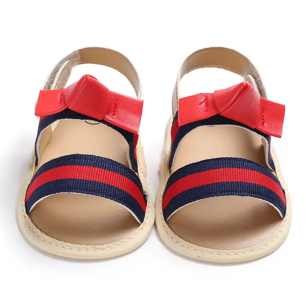 Red and blue strip Новинка года; брендовые полосатые парусиновые сандалии для новорожденных мальчиков и девочек; обувь с мягкой подошвой для малышей; модные детские сандалии с бантом из искусственной кожи - Color: Red and blue strip