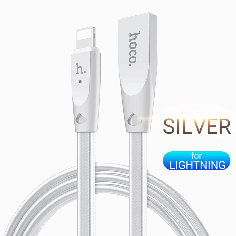 Silver hoco кабель usb a для lightning зарядка 2.4a зарядный провод для apple iphone ipad юсб шнур айфон лайтнинг адаптер айпад зарядник для айфона лайтнинг шнурок зарядный передача данных прочный юсби кабель - Цвет: Silver