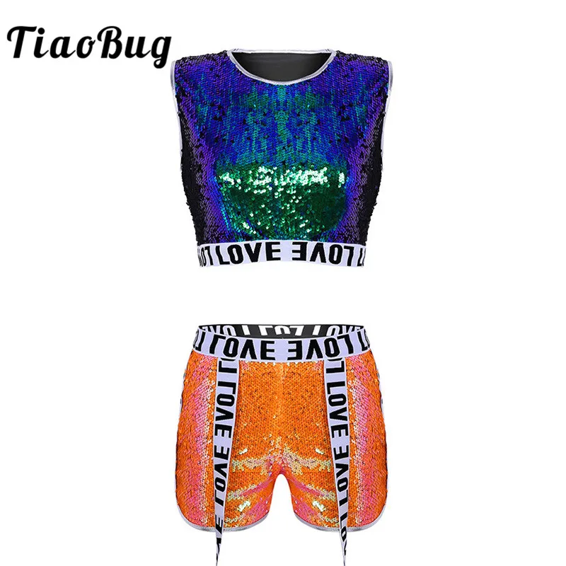 Женский Блестящий танцевальный костюм TiaoBug в стиле хип хоп светоотражающий