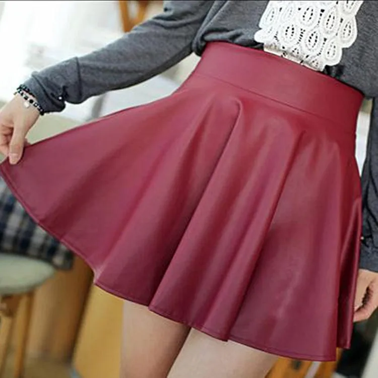 New Sexy Mini Skirt Winter Pu Leather Plus Velvet Skirts High Waist Pleated Cake Leisure Womens D1825 | Женская одежда