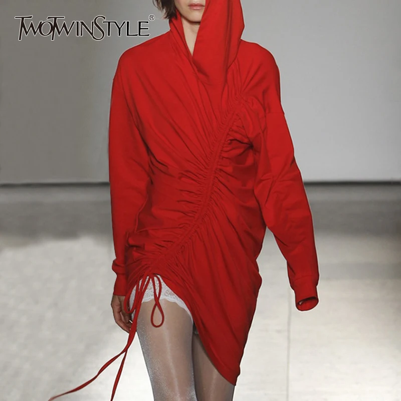 TWOTWINSTYLE женское платье на завязках с капюшоном рюшами длинным рукавом необычные