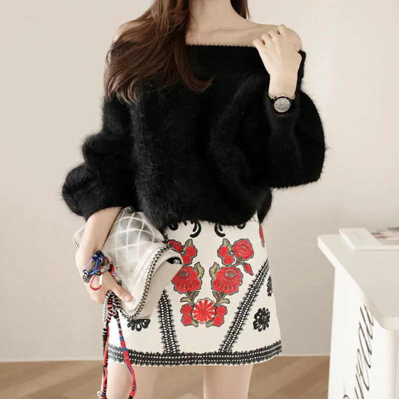 Off Shoulder Ladies Thick Oversized Sweaters Women Winter Pullovers Mink Cashmere Pull Femme Mohair Sweater Knitted Pullover S50 | Женская