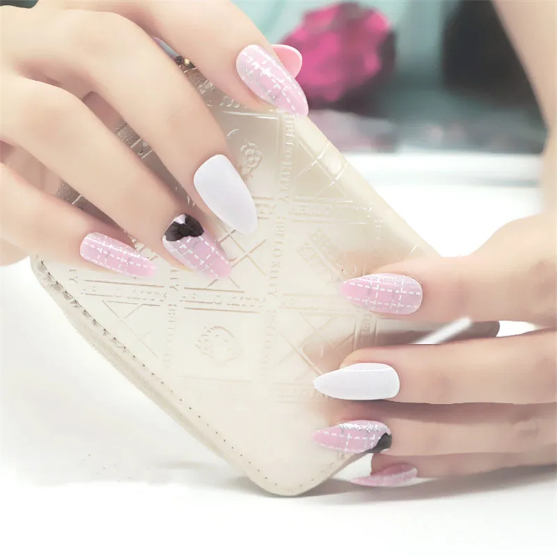 Stiletto False Nails with Designs Full Cover Pink Fake Nail Tips Fuax Ongles Women Decorated Art | Красота и здоровье