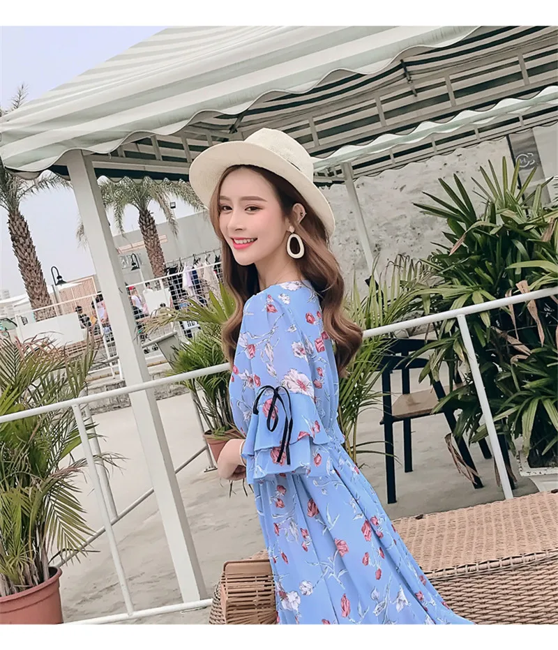Korean beach dress seaside holiday dress bohemian long dress large swing long floral chiffon dress