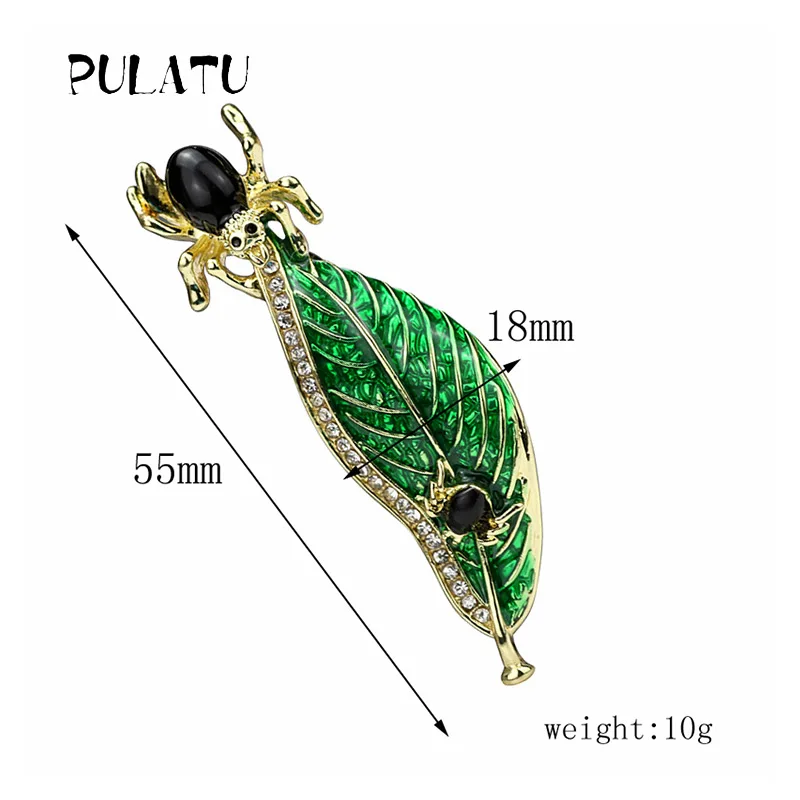 Pulatu New Arrival Brooches Women Spider With Green Leaf Fashion Brooch Animal Design Adornment 55*18mm Women's Cute | Украшения и