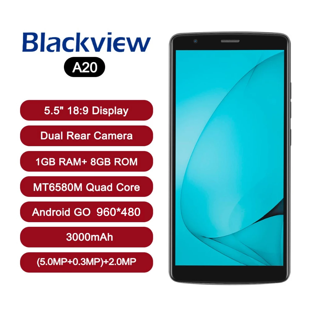 Оригинал Blackview A20 смартфон 5 дюйма 18:9 полный экран Android Go сотовые телефоны двойной