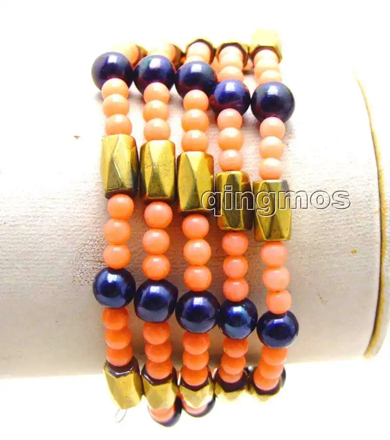 SALE 3-4mm Pink Coral and 6-7mm Black Pearl &amp Gold Hematite Magnetic 29'' Bracelet -nec6068 Wholesale/retail Free ship |