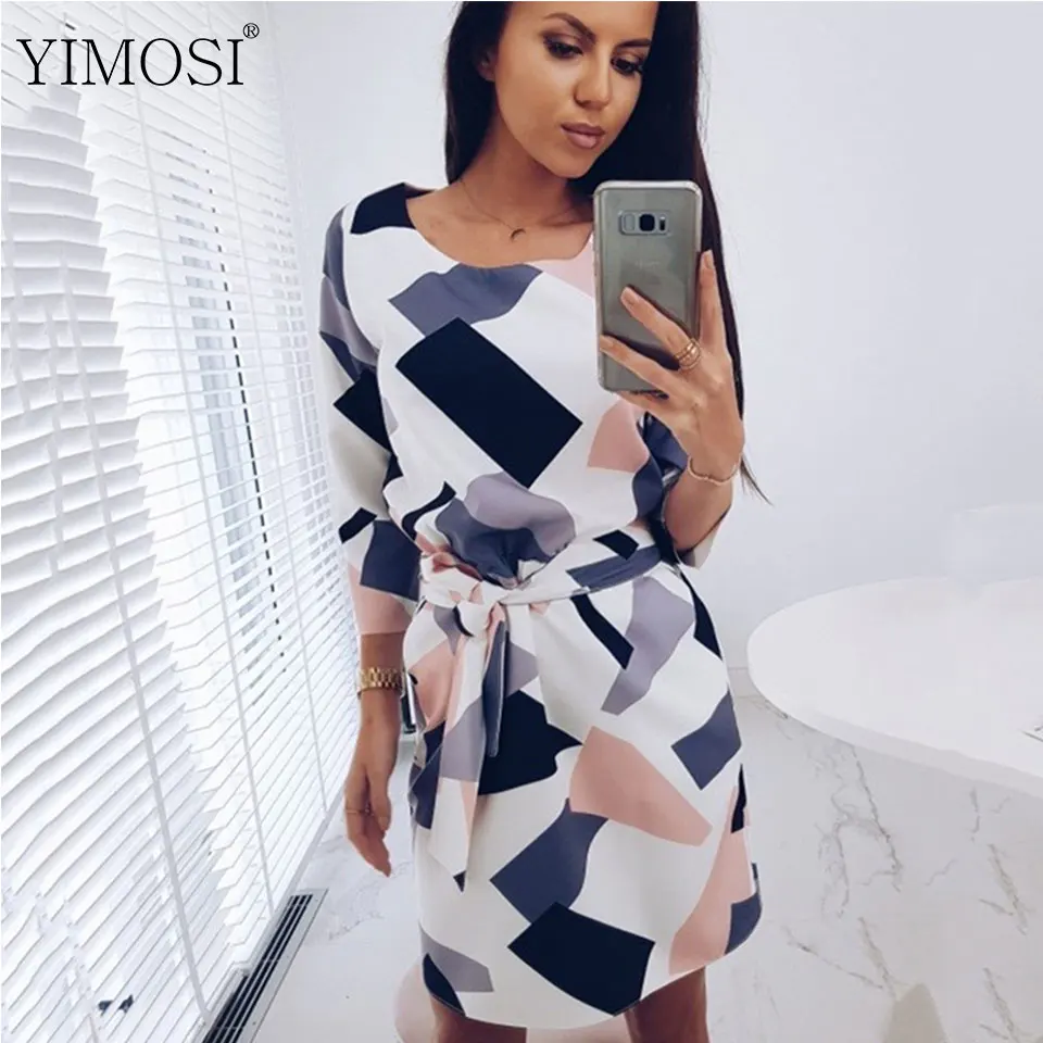 2019 Autumn Straight Women's Dresses Ladies Geometric Printed Sashes Short Dress Three Quarter Sleeves O Neck Casual | Женская