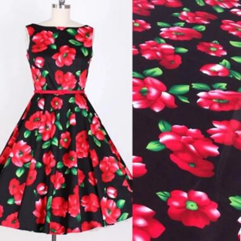 

YY DIY Pretty 50x130 см черный фон Цветущая красная роза цветочный принт хлопок спандекс ткань для DIY шитья украшения дома