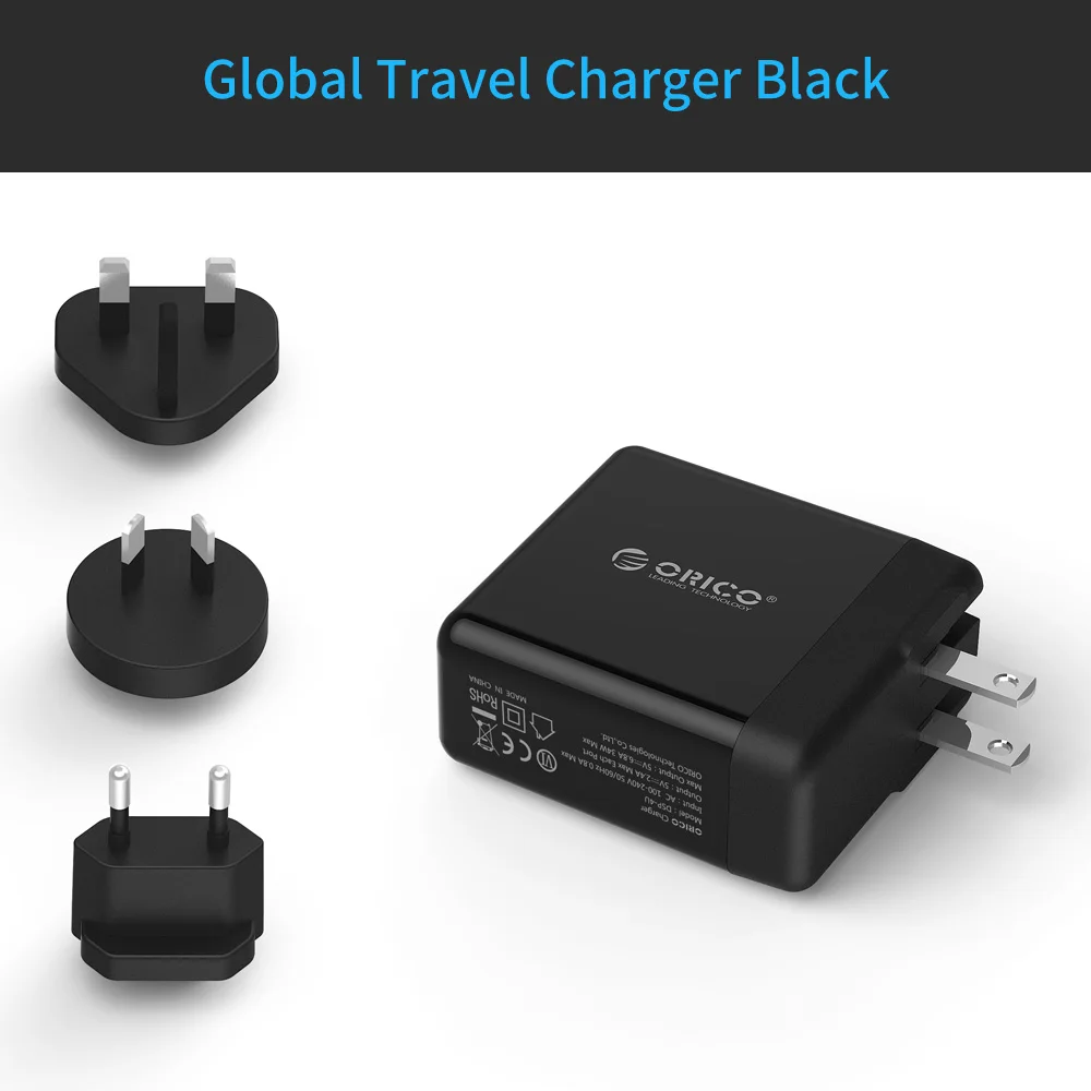 ORICO Global портативное USB зарядное устройство, 4 порта, дорожное зарядное устройство с конвертером, USB зарядное устройство, настенное зарядное устройство для телефона, планшета - Тип штекера: DSP Travel Plug BK