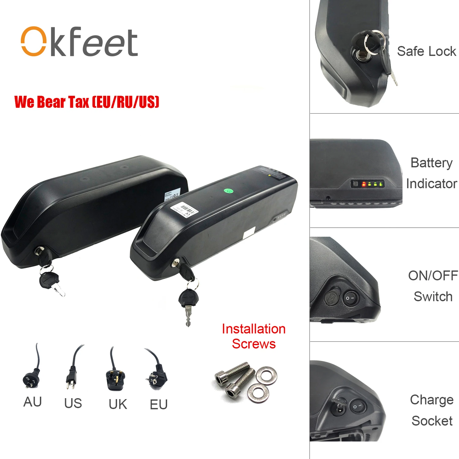 Okfeet Bafang Батарея в, 36 В, 48 В, DP-5C DP-6C Батарея Полли 48V 12Ah 13Ah 16Ah, фара для электровелосипеда в Велоспорт литиевых Батарея с Зарядное устройство