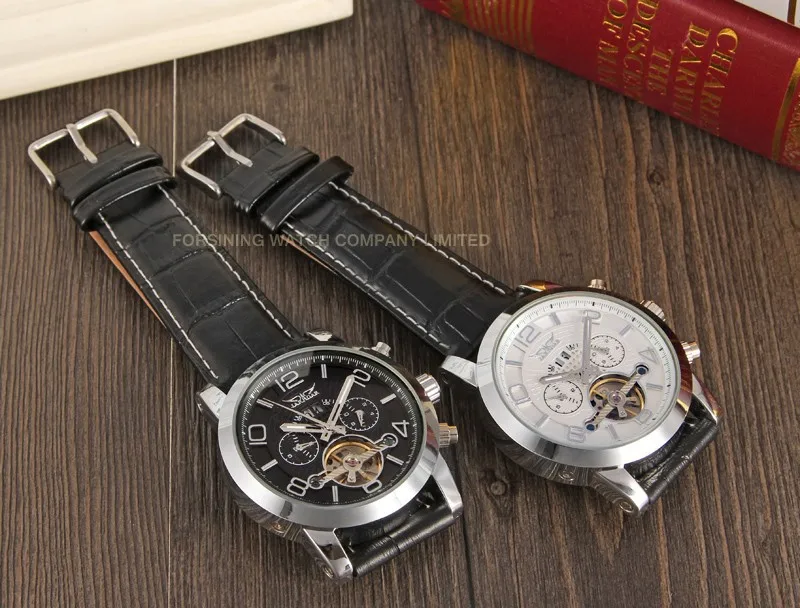 Часы JARAGAR Мужские механические с кожаным ремешком автоматические светящиеся