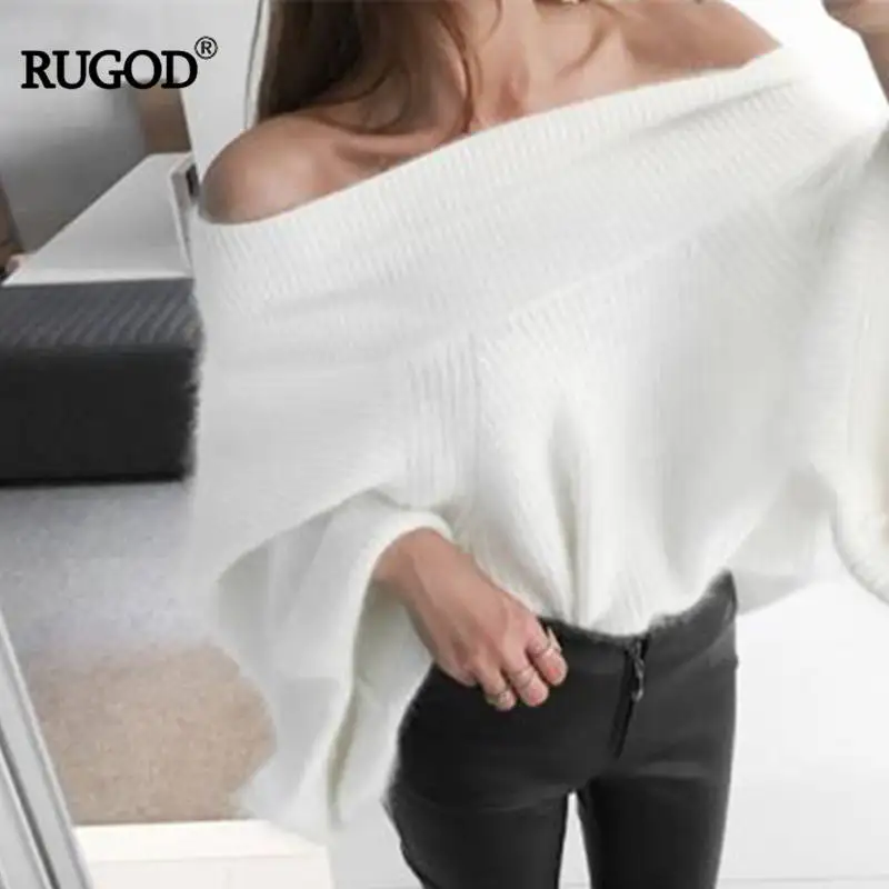 RUGOD, Новое поступление, сексуальный, свободный, с вырезом лодочкой, простой Женский пуловер с расклешенными рукавами, с открытыми плечами, норковый, кашемировый женский свитер - Цвет: Белый