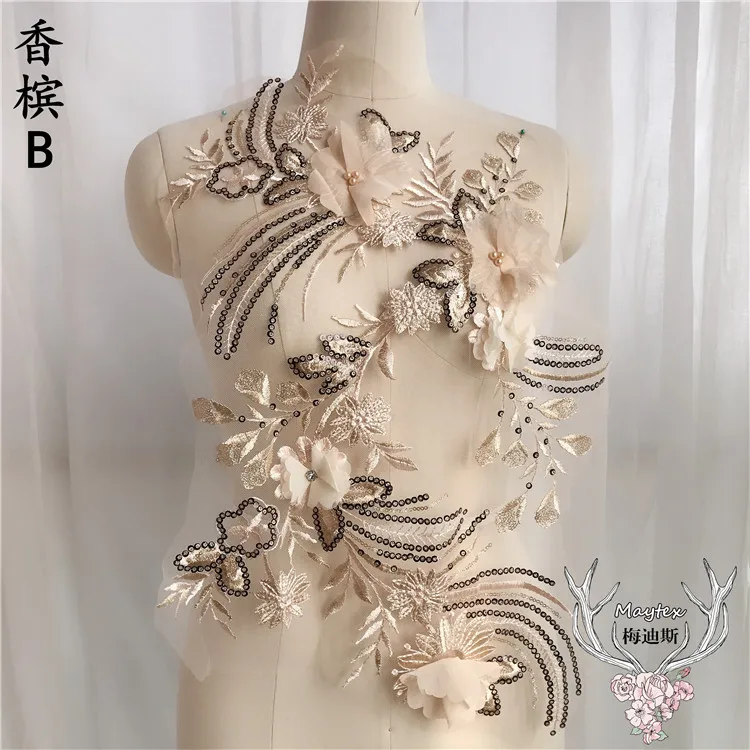 

Супер великолепные кружевные вышитые бисером нашивки ручной работы Цветы блестки Eugen пряжа аппликация для «сделай сам» свадебное платье 1 з...