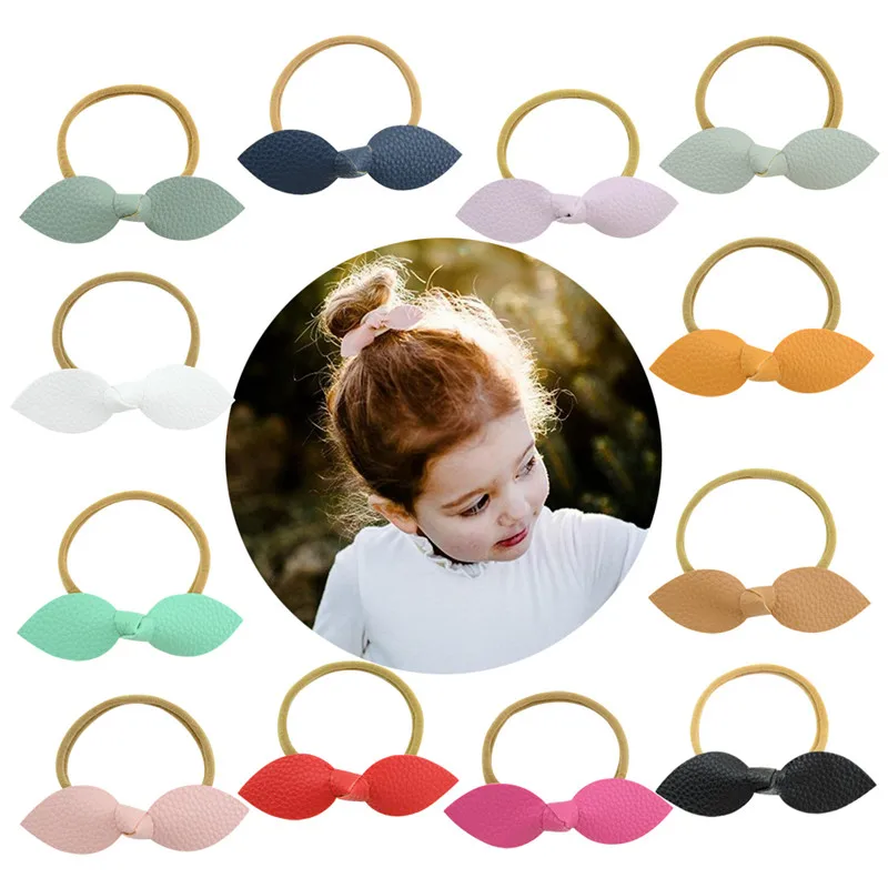 

12pcs Kids Girls Approx 4" DIY PU Artificial Leather Bow Tie Ponytail Holder Children Hair Accessories Elastic Hair Bands Gum