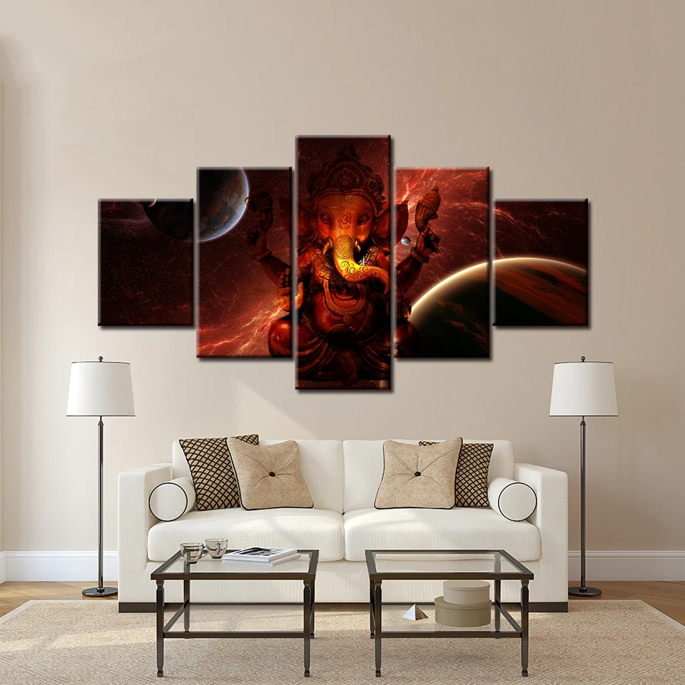 Индуистский Бог Ганеша с планетарным Wall Art Холст Картина 5 шт. модульный обои