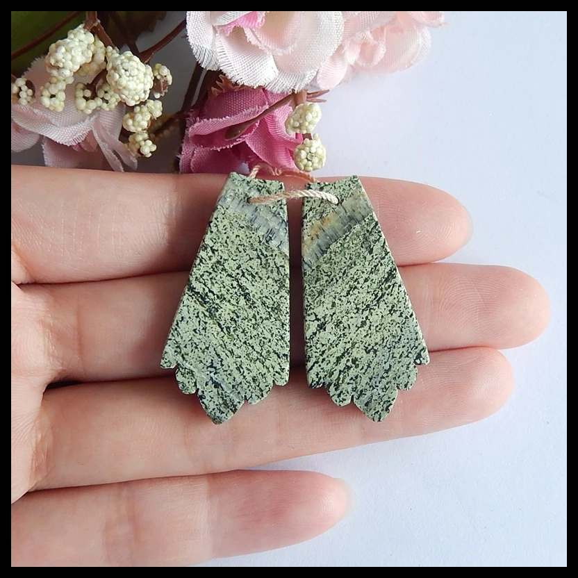 

Wholesale Semi-precious stones Jewelry accessories Natural Green Zabra Jasper carved Feather Earring set,38x19x4mm,8.5g