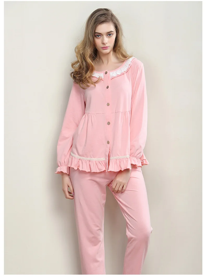 Lovely Pink Pajamas Suit Long Sleeved Cotton Women Set for Solid Sleeping Homewear Nightgown Home Clothes | Женская одежда