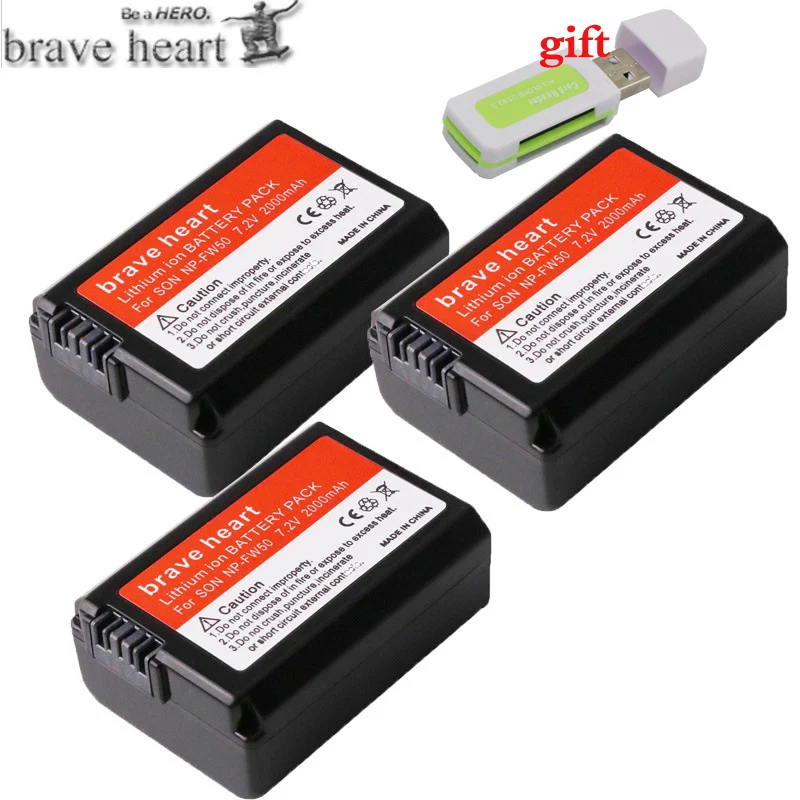 3battery Brave сердце 3x bateria NP-FW50 NP FW50 NPFW50 батареи для sony NEX 5T 5R 5TL 5N 5C 5CK A7R A7 F3 3N 3CA55 A37 A5000 - Цвет: 3battery
