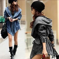 laipelar autumn fashion jeans jacket women hooded long jacket coat denim coat parka outwear coat with belted top outfit