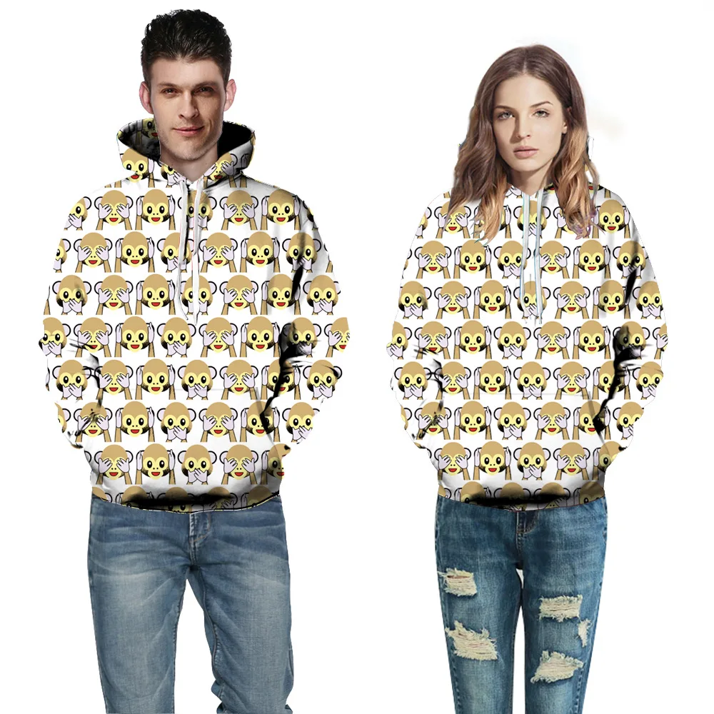 Новая мода 3D Для мужчин и женщин обезьяны смайлики цифровой печати с капюшоном