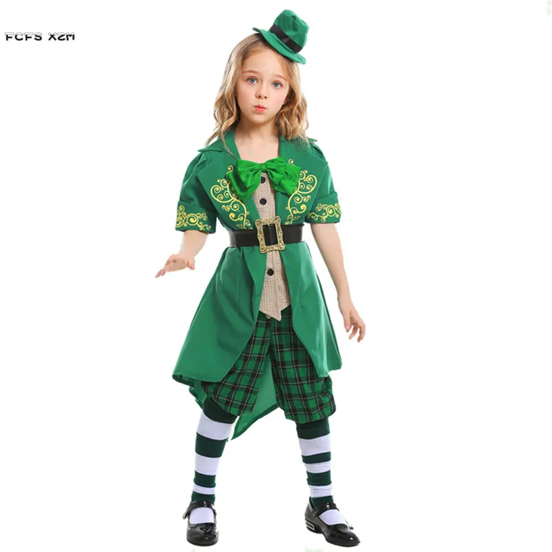 

Green Girls Ireland Fairy Traditional Cosplay Kids Children Halloween Irish Leprechaun Elf Costumes Purim Carnival Party Dress