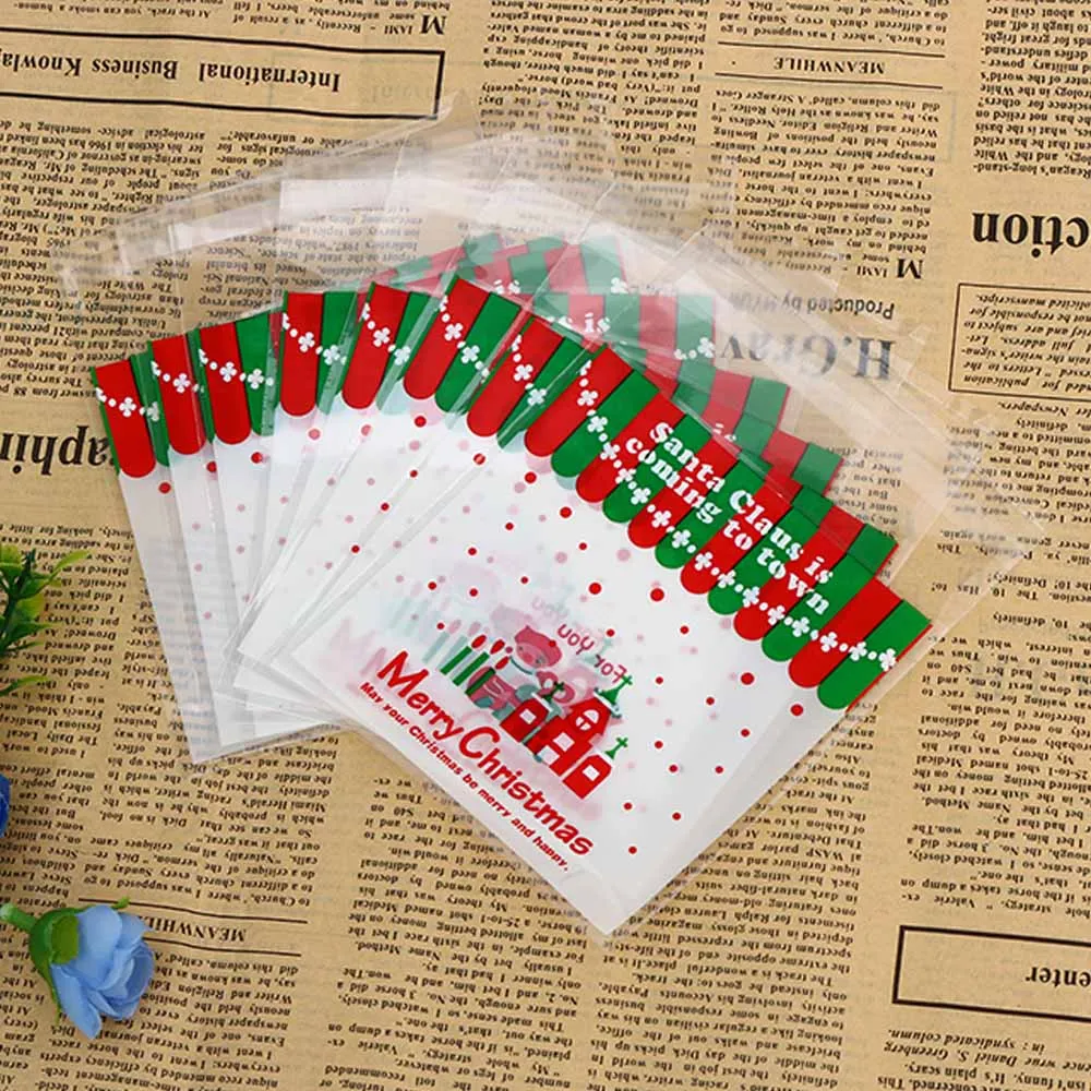 100 шт./упак. Рождество Санта Клаус печенья упаковывая Пластик сумки 9 видов стилей самоклеящаяся веселые рождественские сумки для конфет