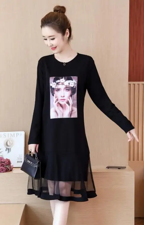 Black Милые платья для женщин, одежда больших размеров 5XL 4XL, повседневное свободное платье с принтом для девочек, лоскутное черное платье миди из прозрачной сетки 5XL 7723 - Цвет: Black