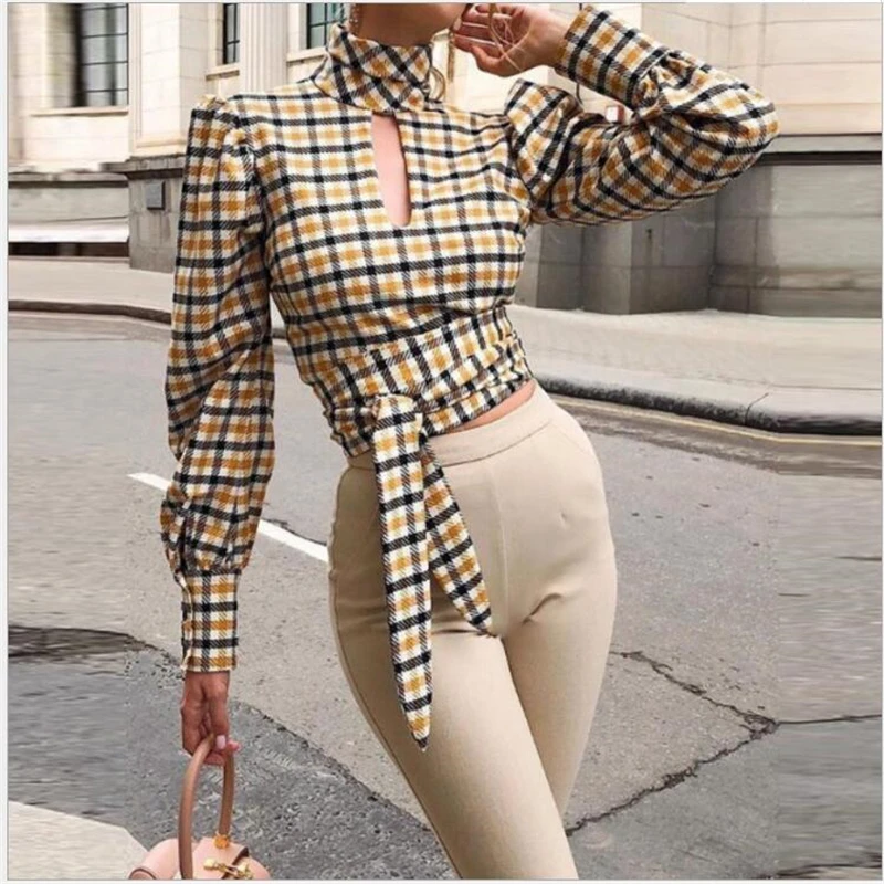 

Plaid Blouse Women Long sleeved sexy backless Tops Summer fall Shirts Female Fashion Women's Blouses 2019 Chemisier Femme Z20